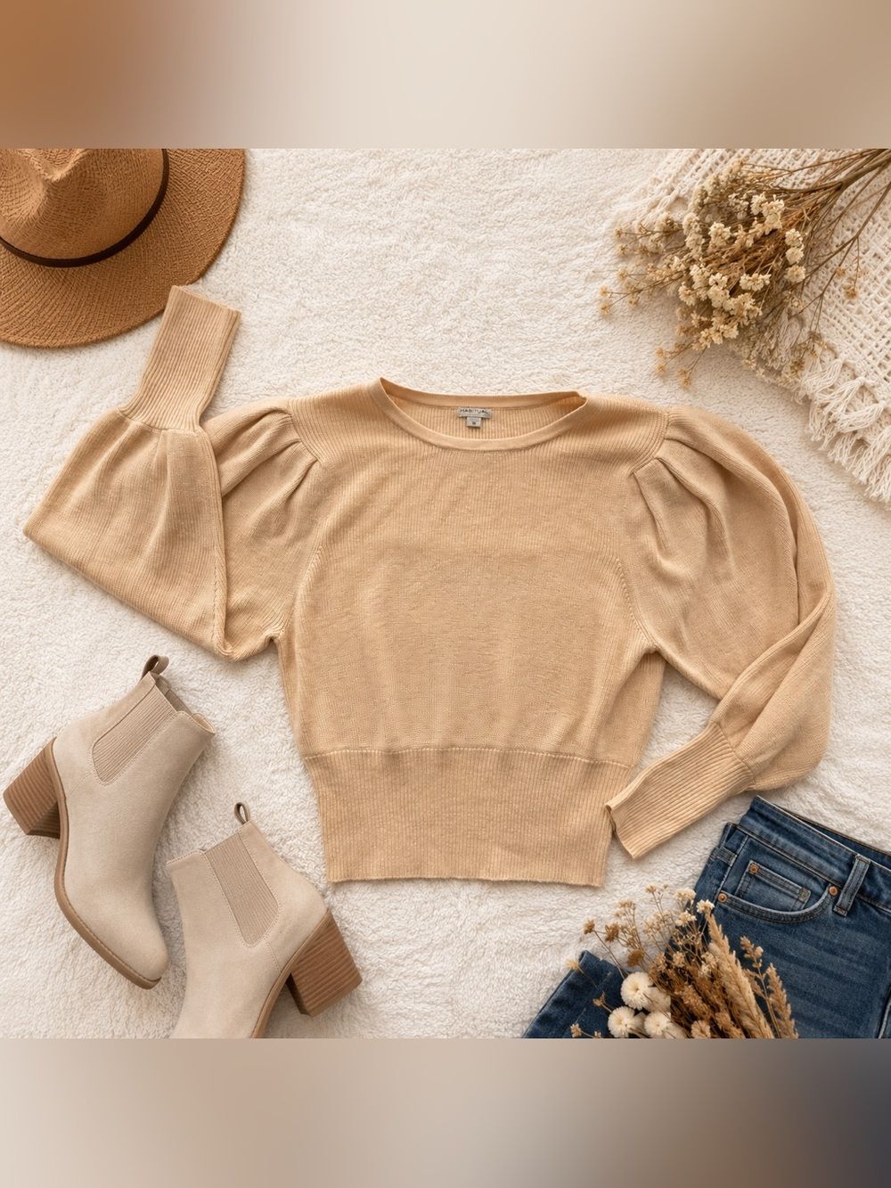 Habitual Girls 16 Tan Beige Ribbed Knit Sweater Puff Sleeve